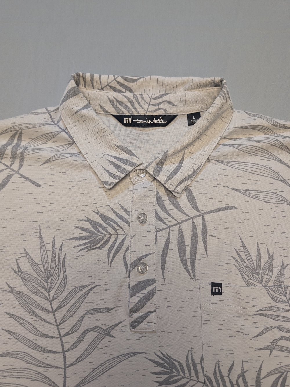Travis Mathew Golf Polo Men's L All Over Gray Palm Leaf Print Pima Cotton Blend